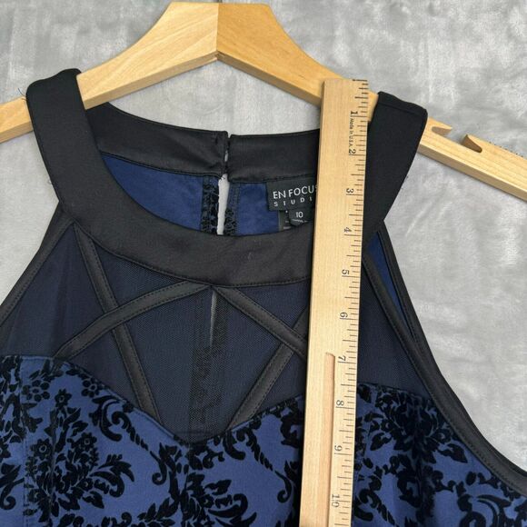 Enfocus Studio Dress Womens 10 Blue Damask Cut Out Velvet Fit & Flare Halter - Picture 11 of 12